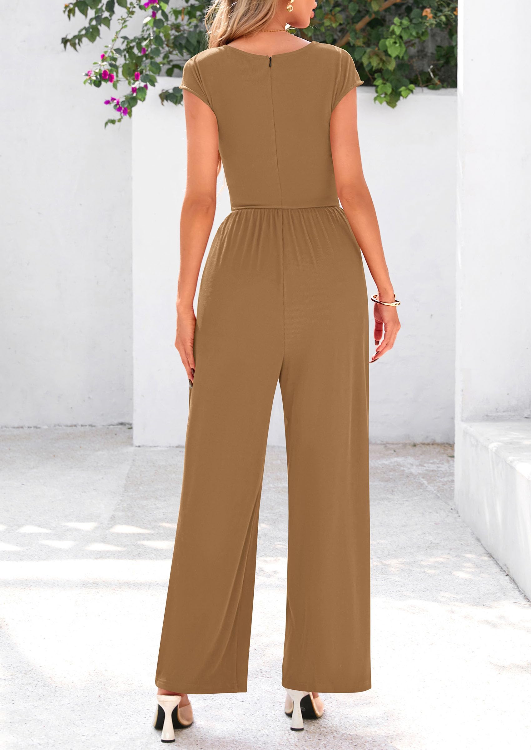 PRETTYGARDEN Summer Jumpsuits Ribbed Cap Sleeve Wide Leg Pants Women's Rompers Elegant Casual Trendy Vacation Outfits