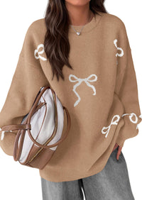 PRETTYGARDEN Fall Long Sleeve Pullover Sweaters for Women Trendy Crewneck Casual Cute Bow Chunky Knit Oversized Sweater