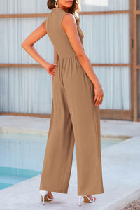 Summer One Piece Sleeveless Mock Neck Wide Leg Pants Rompers With Pockets