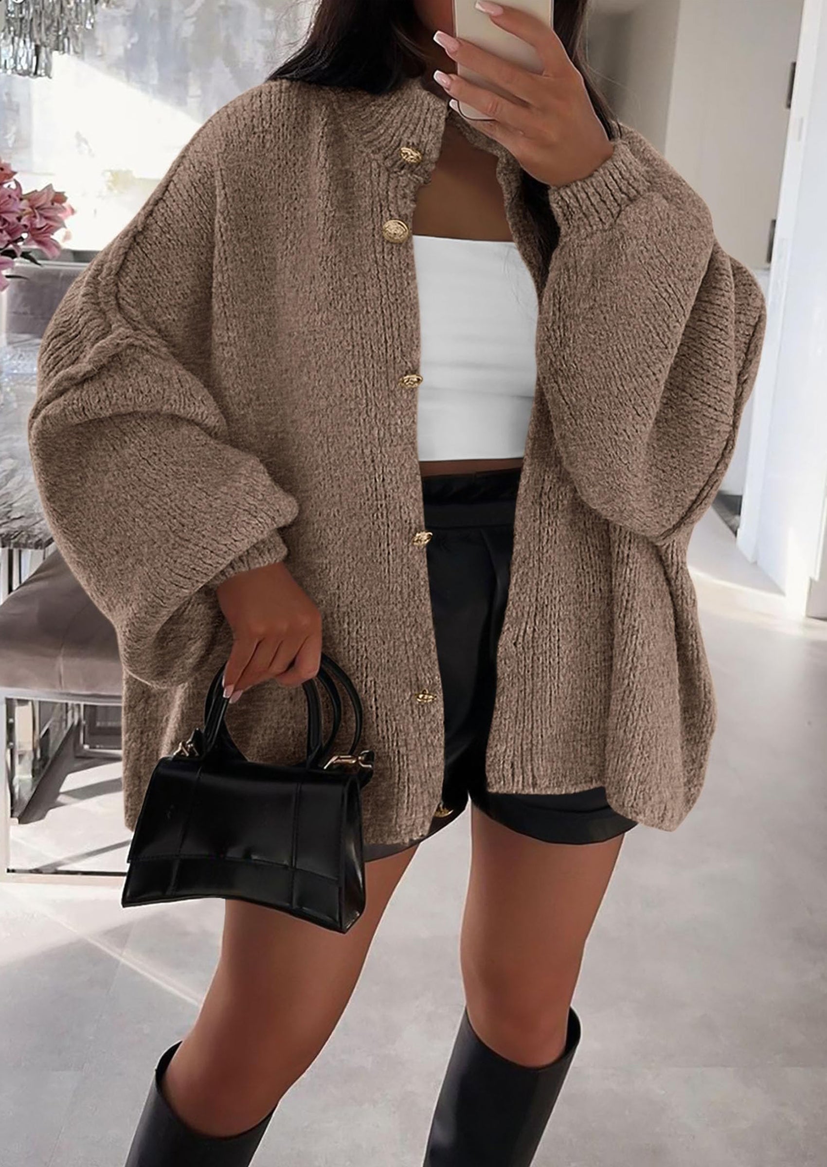 PRETTYGARDEN Women's Winter Button Down Cardigan Sweaters Mock Neck Lantern Long Sleeve Chunky Knit Jacket Trendy Outerwear