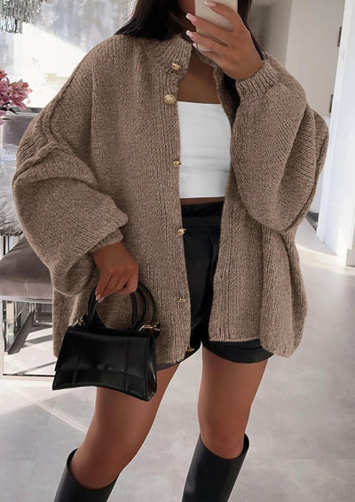 PRETTYGARDEN Women's Winter Button Down Cardigan Sweaters Mock Neck Lantern Long Sleeve Chunky Knit Jacket Trendy Outerwear