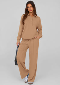 PRETTYGARDEN Women Fall 2 Piece Outfits Sweatsuits Quarter Button Long Sleeve Sweatshirt Wide Leg Pants Tracksuit Lounge Sets