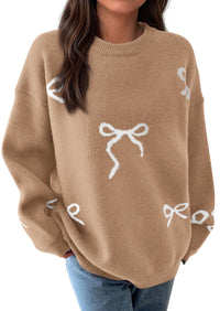 PRETTYGARDEN Fall Long Sleeve Pullover Sweaters for Women Trendy Crewneck Casual Cute Bow Chunky Knit Oversized Sweater
