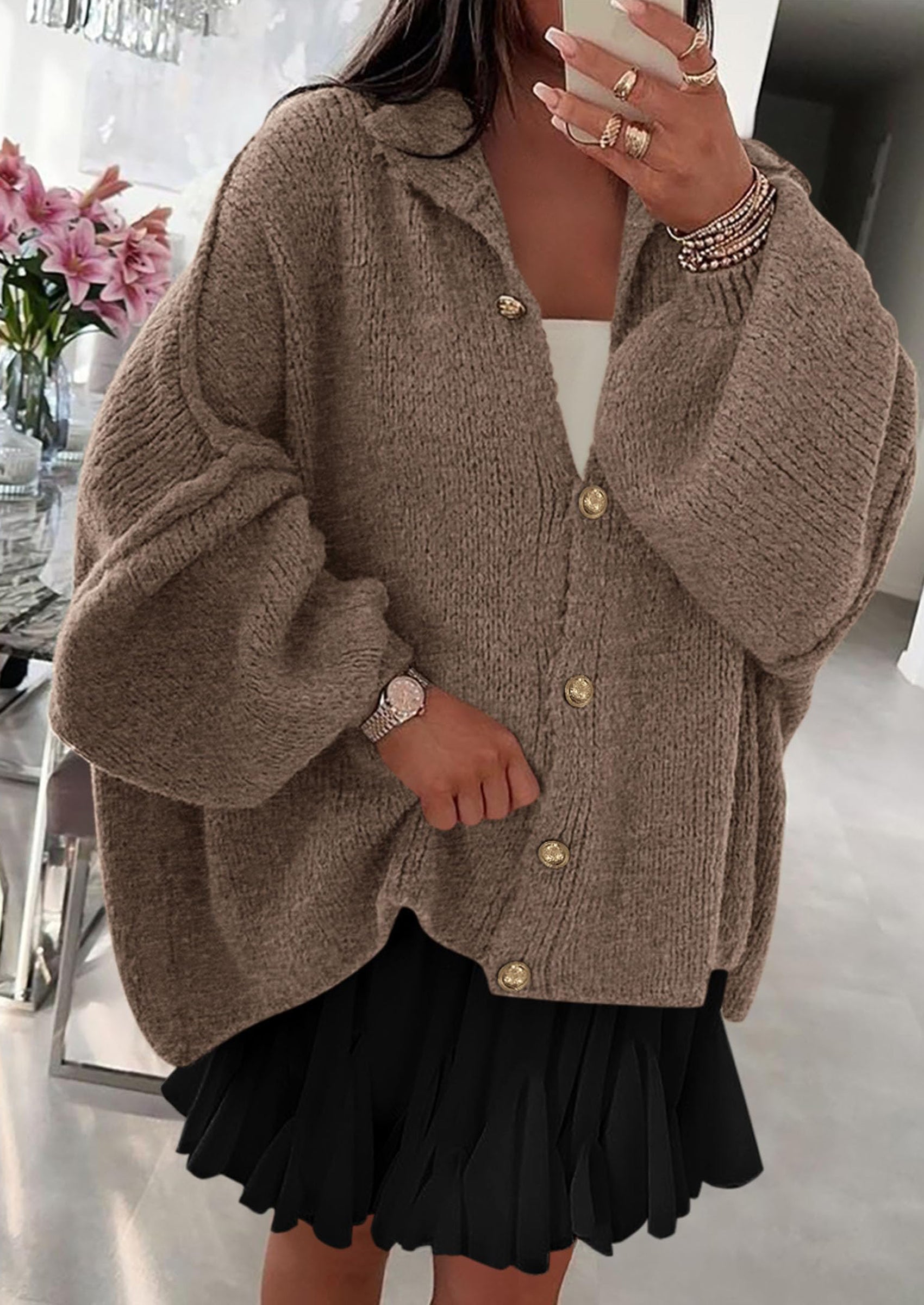 PRETTYGARDEN Women's Winter Button Down Cardigan Sweaters Mock Neck Lantern Long Sleeve Chunky Knit Jacket Trendy Outerwear