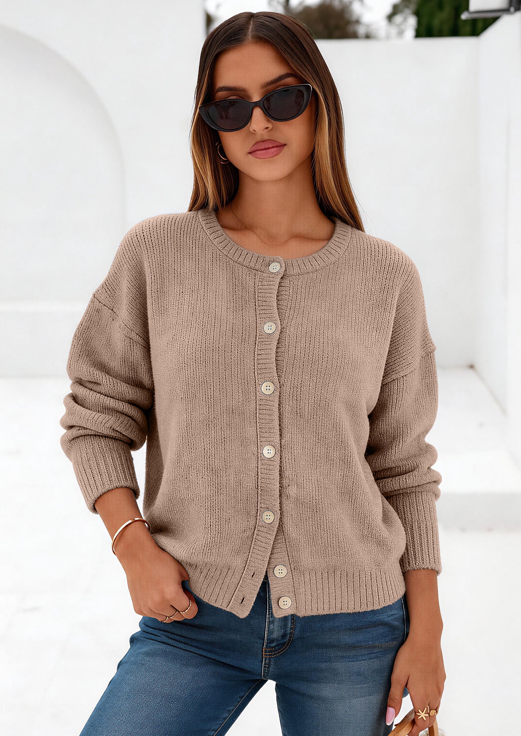 PRETTYGARDEN Long Sleeve Crewneck Button Down Womens Sweaters Fall Open Front Chunky Cardigan Sweaters for Women