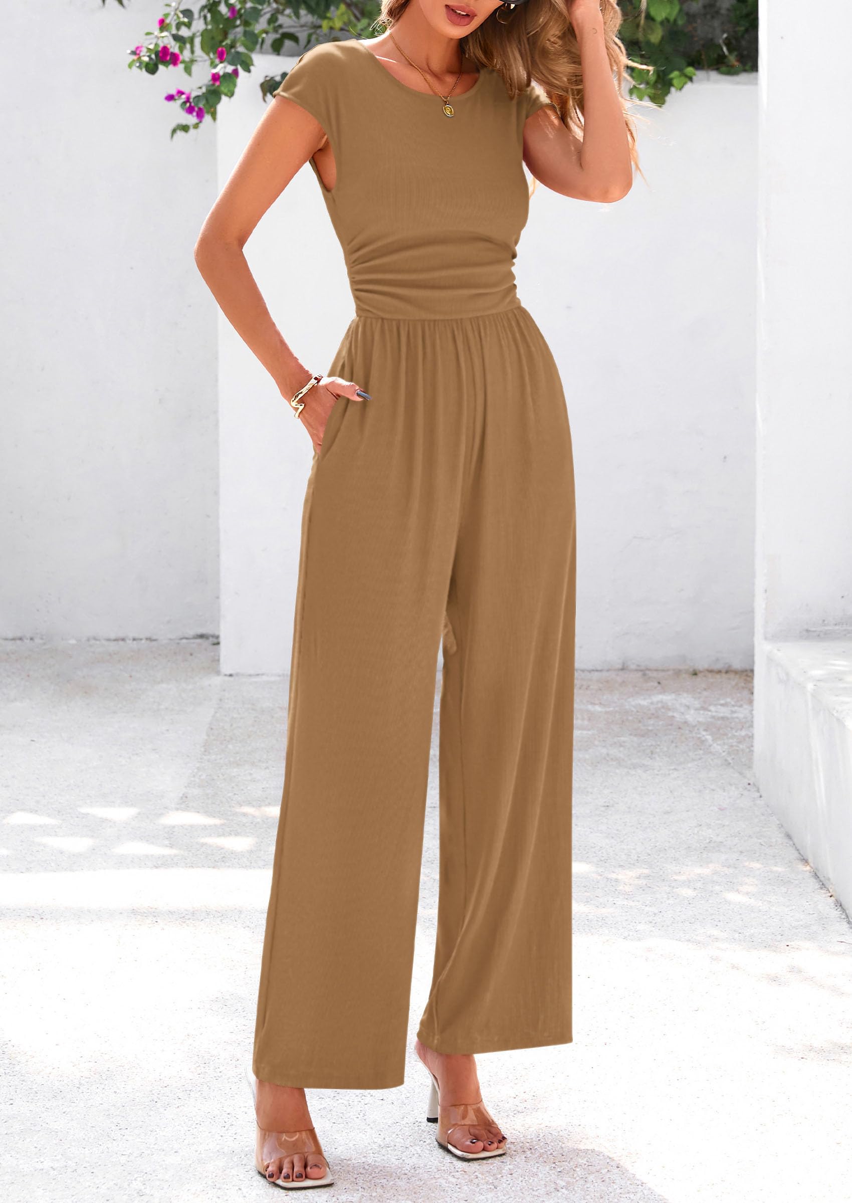 PRETTYGARDEN Summer Jumpsuits Ribbed Cap Sleeve Wide Leg Pants Women's Rompers Elegant Casual Trendy Vacation Outfits