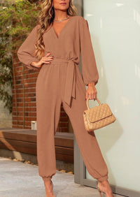 PRETTYGARDEN Women's Fall Jumpsuits Dressy Casual Pants Romper Spring Long Sleeve V Neck Belt Pockets One Piece Outfits