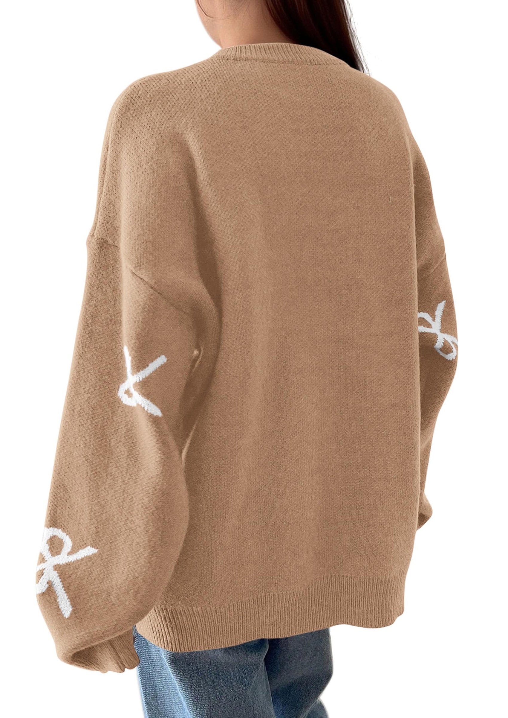 PRETTYGARDEN Fall Long Sleeve Pullover Sweaters for Women Trendy Crewneck Casual Cute Bow Chunky Knit Oversized Sweater