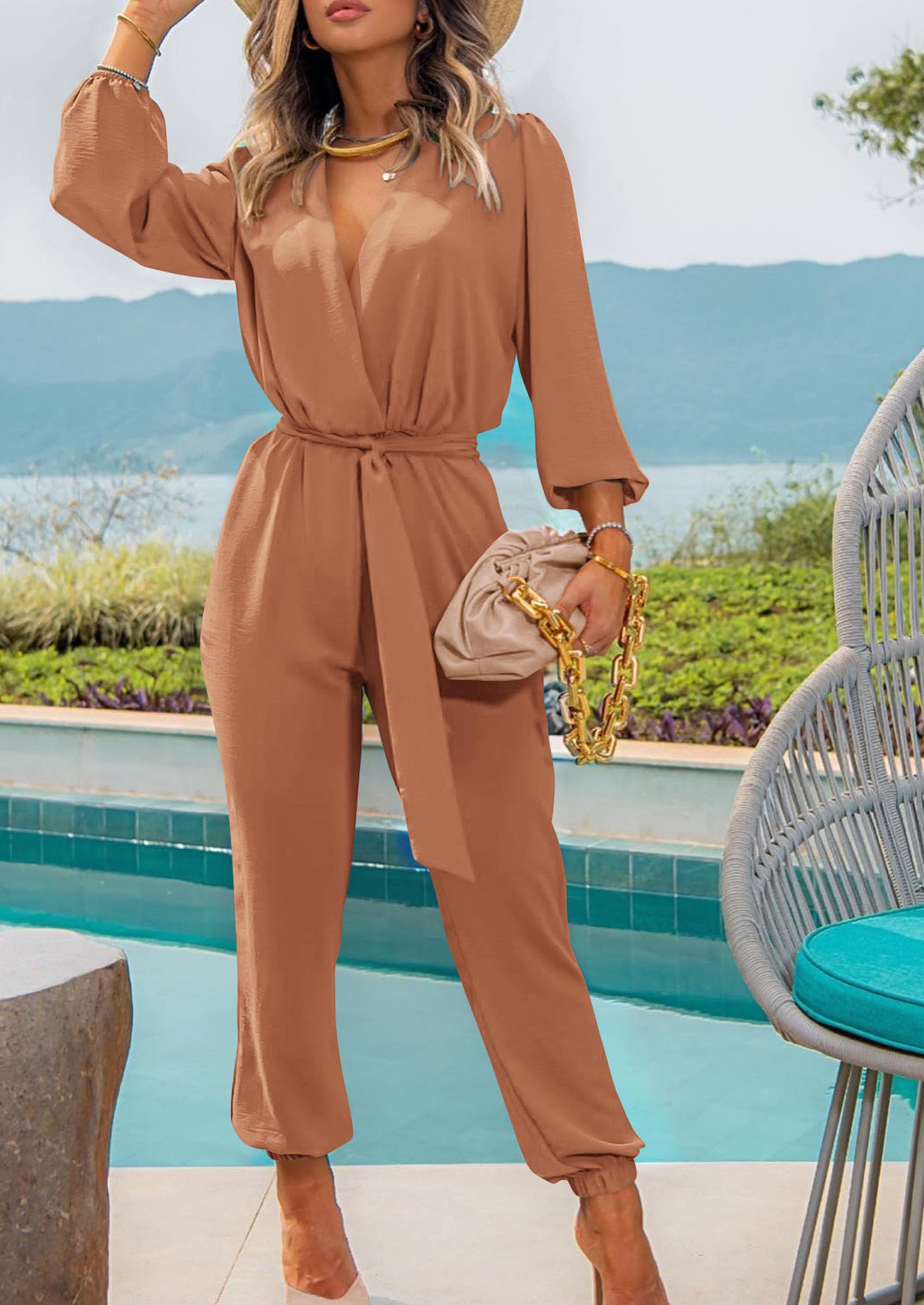 PRETTYGARDEN Women's Fall Jumpsuits Dressy Casual Pants Romper Spring Long Sleeve V Neck Belt Pockets One Piece Outfits