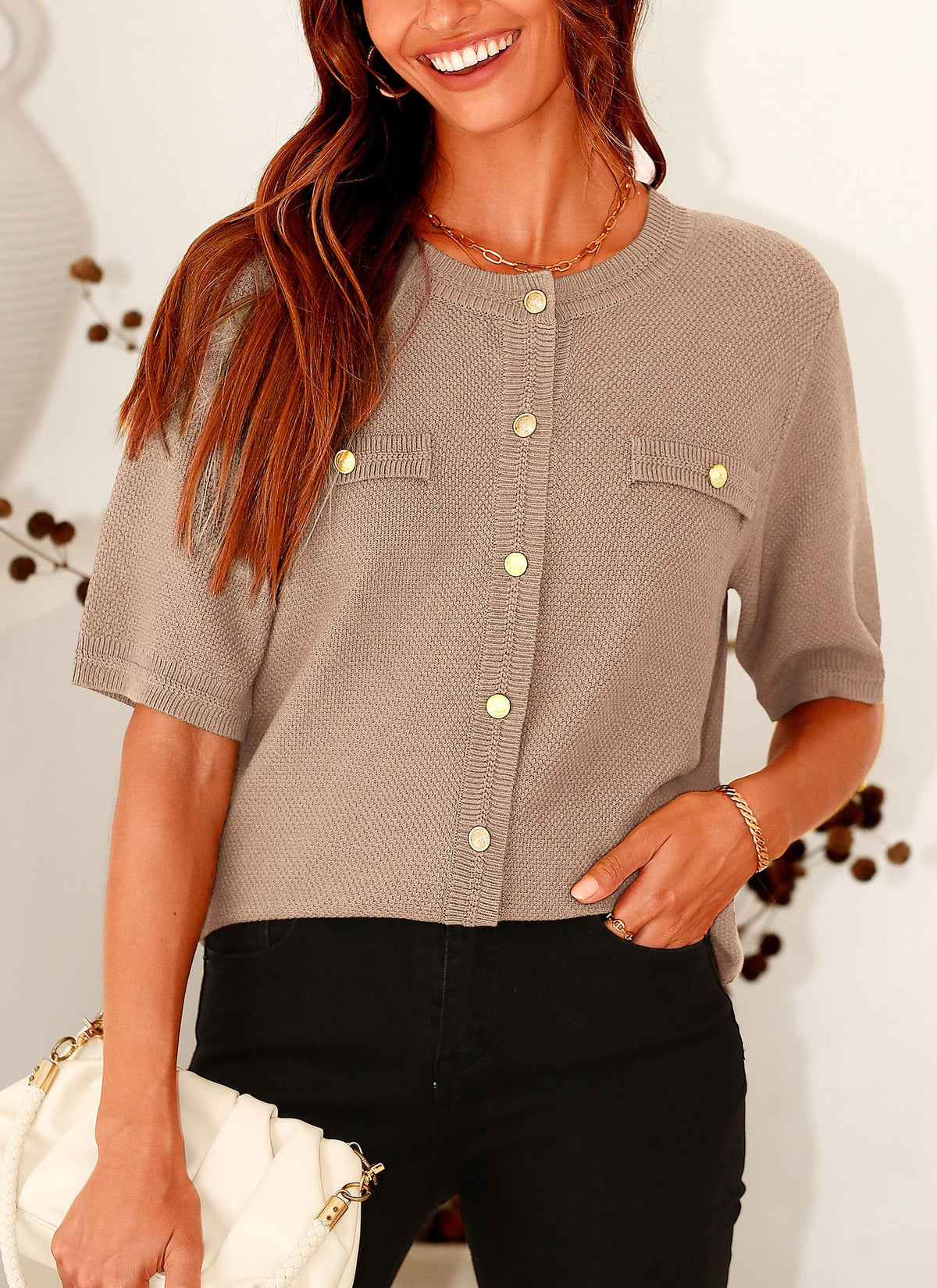 Button Down Casual Short Sleeve Crew Neck Ribbed Knit Shirts