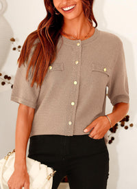 Summer Button Down Shirts Casual Short Sleeve Crew Neck Ribbed Knit Blouse Top Cardigans