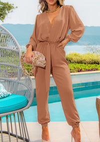 PRETTYGARDEN Women's Fall Jumpsuits Dressy Casual Pants Romper Spring Long Sleeve V Neck Belt Pockets One Piece Outfits