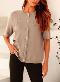 Button Down Casual Short Sleeve Crew Neck Ribbed Knit Shirts