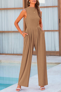 Womens Summer Jumpsuits Dressy Casual One Piece Outfits Sleeveless Mock Neck Wide Leg Pants Rompers with Pockets