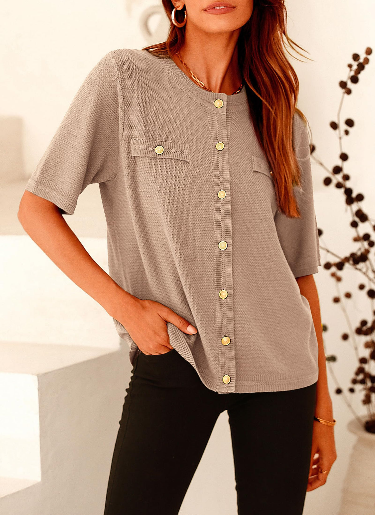 Button Down Casual Short Sleeve Crew Neck Ribbed Knit Shirts