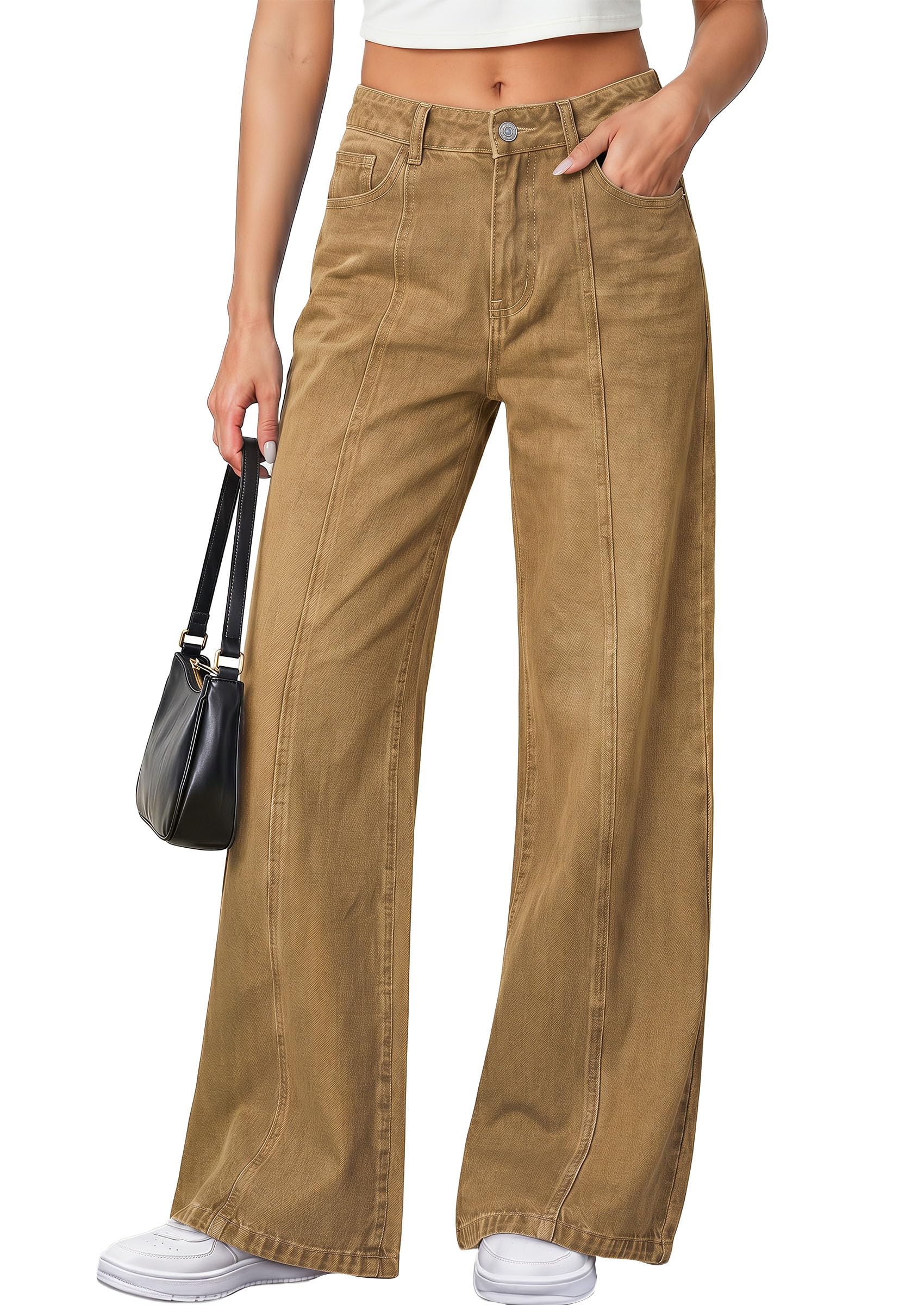 PRETTYGARDEN Women's Wide Leg Jeans High Waisted Stretchy Baggy Seamed Front Denim Palazzo Pants Summer Fashion Clothes