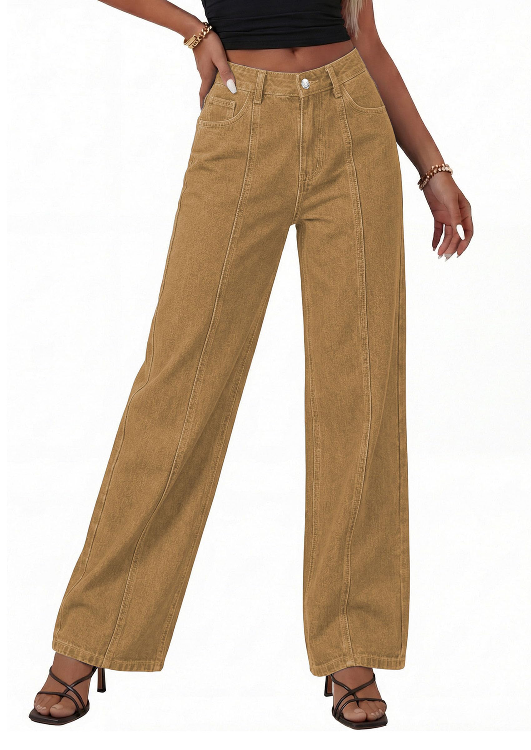 PRETTYGARDEN Women's Wide Leg Jeans High Waisted Stretchy Baggy Seamed Front Denim Palazzo Pants Summer Fashion Clothes