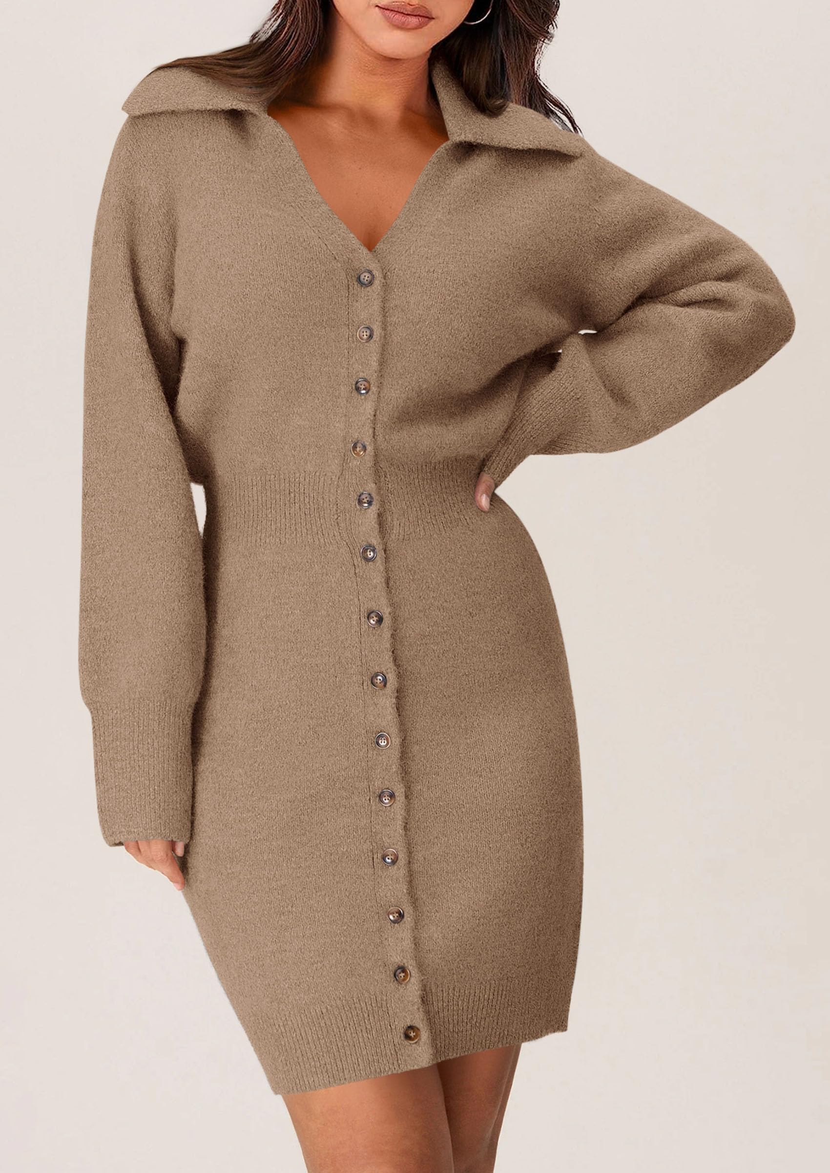 PRETTYGARDEN Sweater Dresses for Women Trendy Long Sleeve Button Down Short Spring Dress