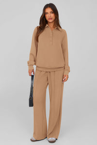 PRETTYGARDEN Women Fall 2 Piece Outfits Sweatsuits Quarter Button Long Sleeve Sweatshirt Wide Leg Pants Tracksuit Lounge Sets