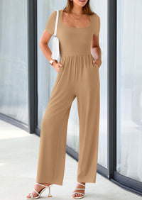 PRETTYGARDEN Women's Summer One Piece Jumpsuits Dressy Casual Short Sleeve Square Neck Wide Leg Jumpsuit Rompers