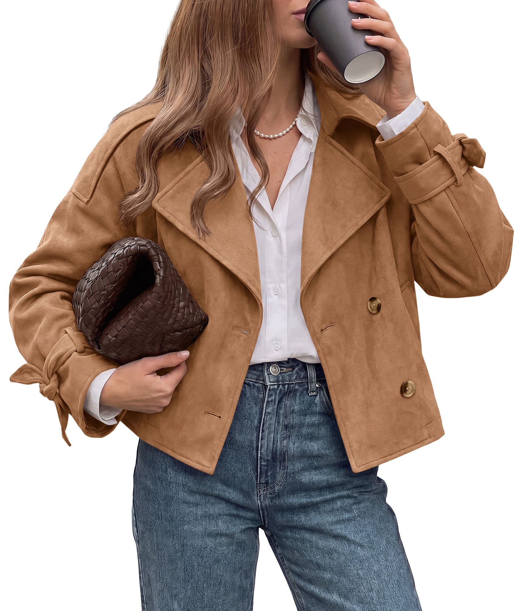 PRETTYGARDEN Women Faux Suede Double Breasted Trench Coat Cropped Jackets  Raglan Long Sleeve,Lapel,Tie Cuff,Button Down,Fall Fashion Outerwear,Winter Clothes,Work Office Casual Short Jacket