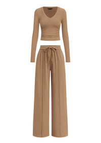 PRETTYGARDEN Women's 2 Piece Lounge Sets Matching Clothing  | V Neck Long Sleeve Tops, Wide Leg Pants Pockets, Airport Travel Outfits, Soft Ribbed Knit, Drawstring Waist, Fall Resort Wear