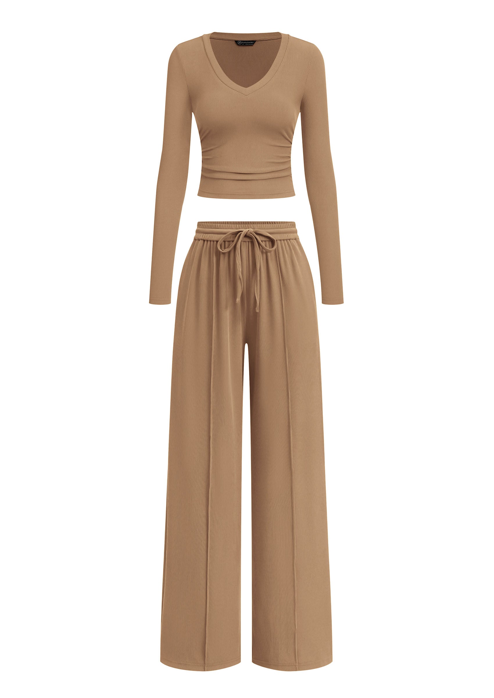 PRETTYGARDEN Women's 2 Piece Lounge Sets Matching Clothing  | V Neck Long Sleeve Tops, Wide Leg Pants Pockets, Airport Travel Outfits, Soft Ribbed Knit, Drawstring Waist, Fall Resort Wear