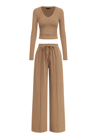 PRETTYGARDEN Women's 2 Piece Lounge Sets Matching Clothing  | V Neck Long Sleeve Tops, Wide Leg Pants Pockets, Airport Travel Outfits, Soft Ribbed Knit, Drawstring Waist, Fall Resort Wear