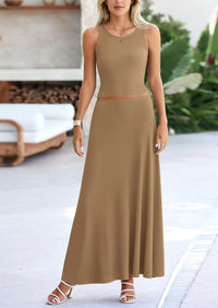 PRETTYGARDEN 2 Piece Maxi Skirt Sets Casual Knit Cropped Tank Top High Waisted Long Skirts Outfit