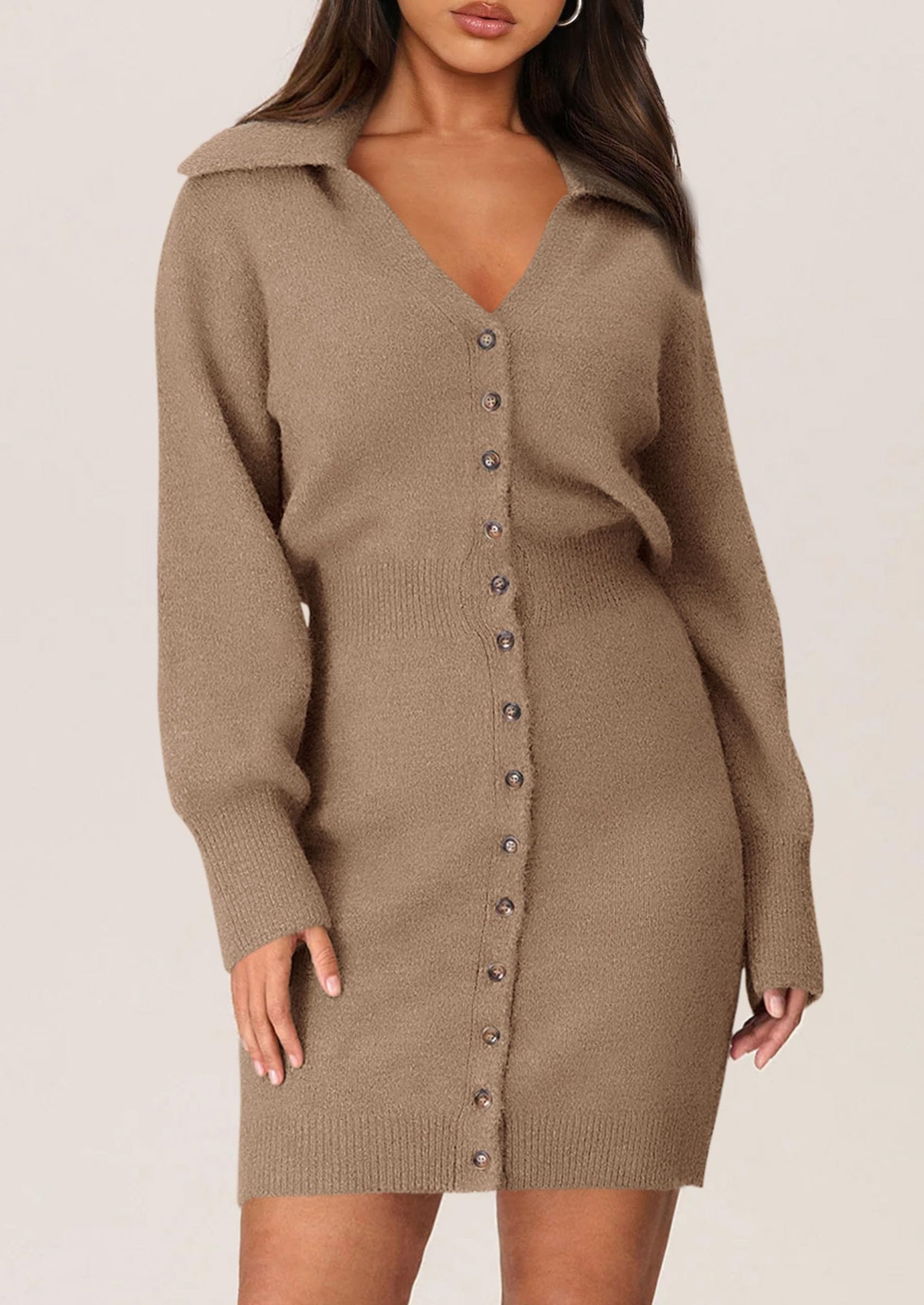 PRETTYGARDEN Sweater Dresses for Women Trendy Long Sleeve Button Down Short Spring Dress