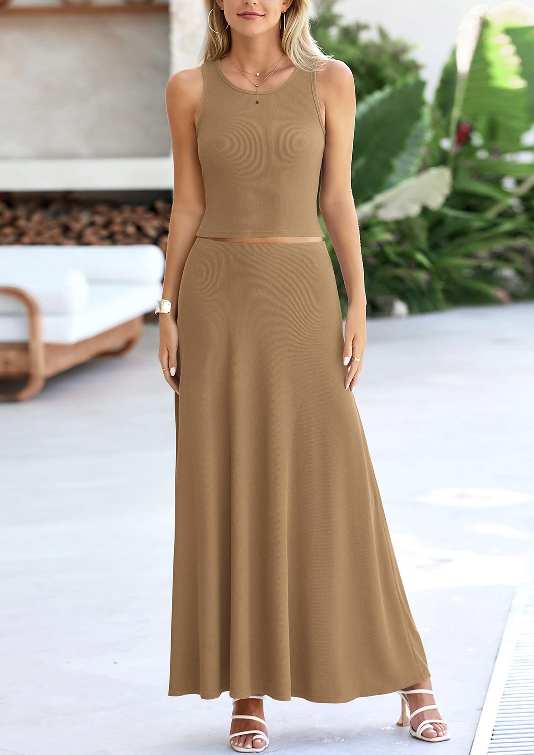 PRETTYGARDEN 2 Piece Maxi Skirt Sets Casual Knit Cropped Tank Top High Waisted Long Skirts Outfit