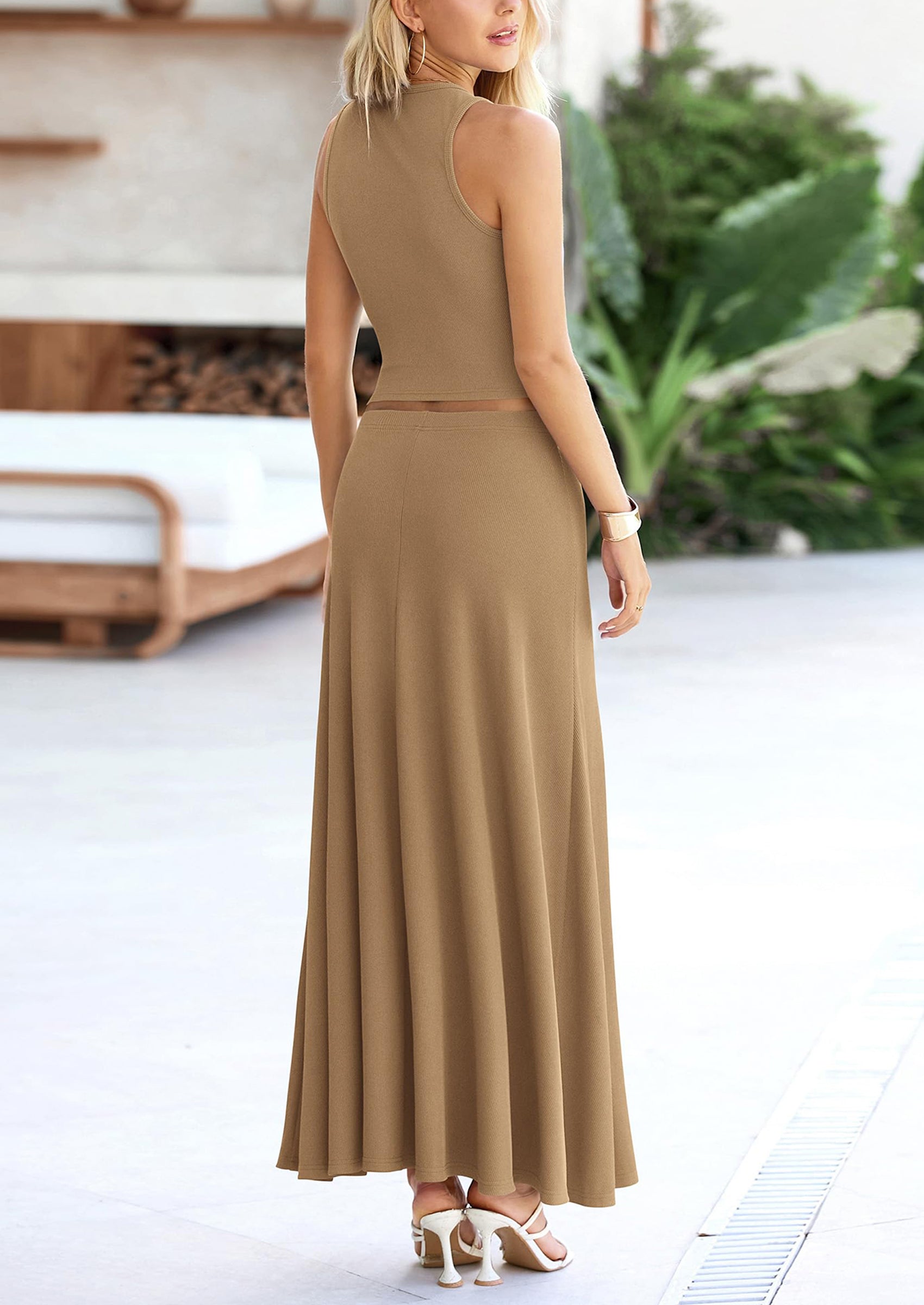 PRETTYGARDEN 2 Piece Maxi Skirt Sets Casual Knit Cropped Tank Top High Waisted Long Skirts Outfit