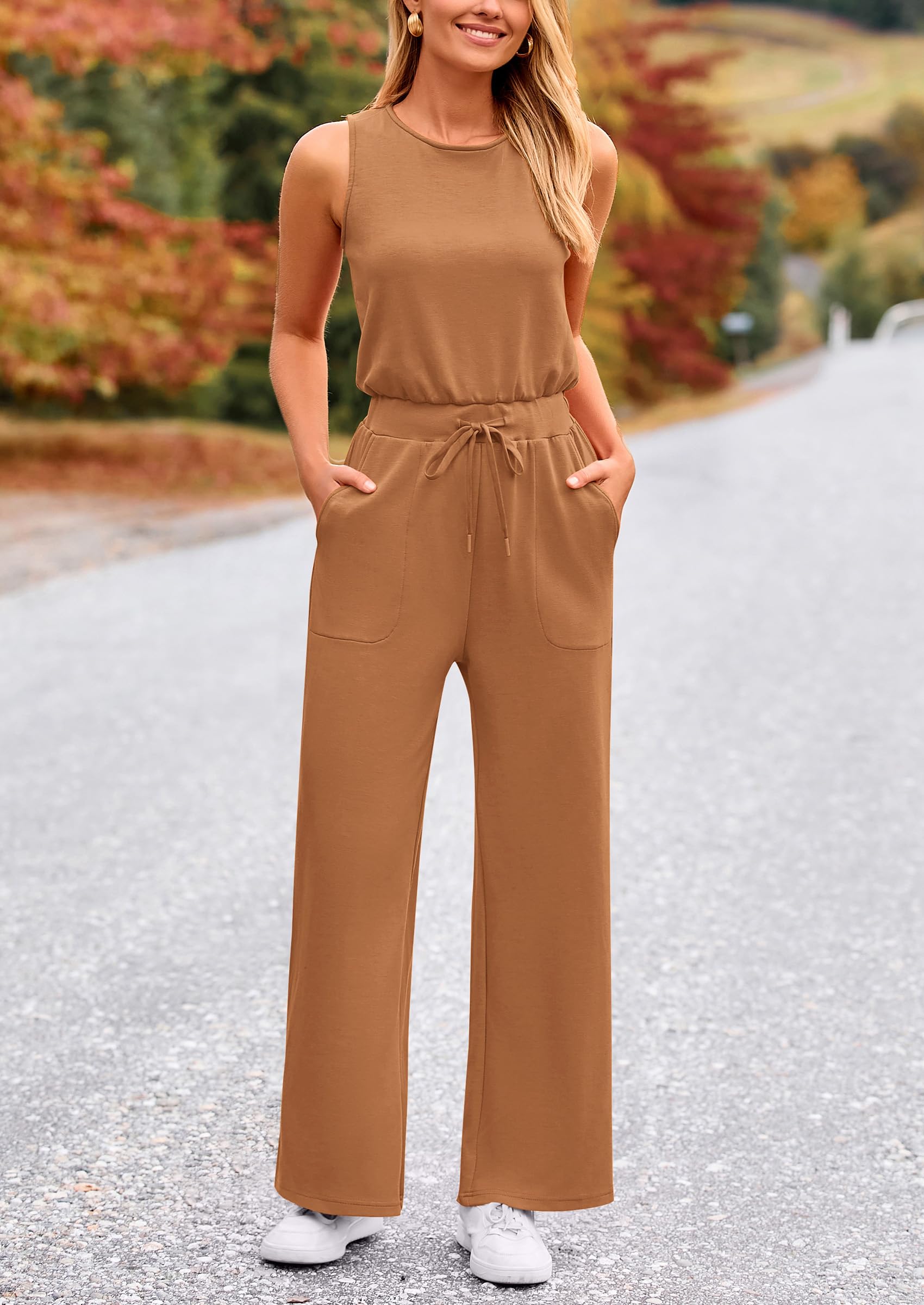 PRETTYGARDEN Womens Jumpsuits Summer Casual One Piece Outfits Sleeveless Wide Leg Long Pants Rompers