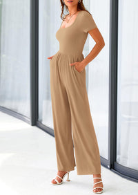 PRETTYGARDEN Women's Summer One Piece Jumpsuits Dressy Casual Short Sleeve Square Neck Wide Leg Jumpsuit Rompers