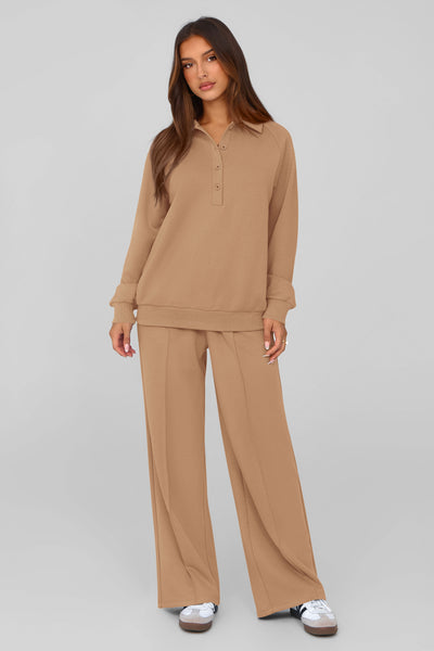 PRETTYGARDEN Women Fall 2 Piece Outfits Sweatsuits Quarter Button Long Sleeve Sweatshirt Wide Leg Pants Tracksuit Lounge Sets