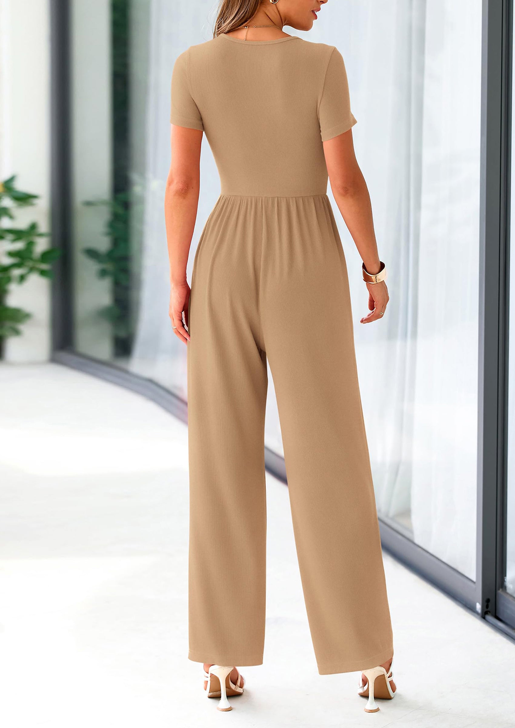 PRETTYGARDEN Women's Summer One Piece Jumpsuits Dressy Casual Short Sleeve Square Neck Wide Leg Jumpsuit Rompers