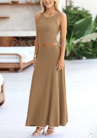 PRETTYGARDEN 2 Piece Maxi Skirt Sets Casual Knit Cropped Tank Top High Waisted Long Skirts Outfit