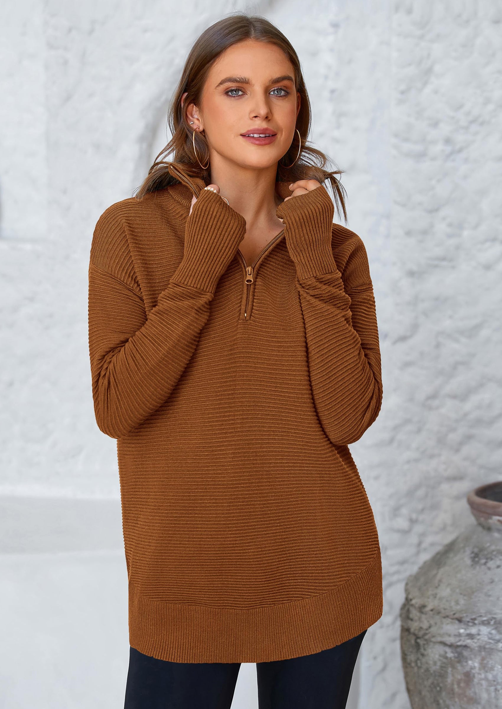 PRETTYGARDEN Womens Long Sleeve Quarter Zip Pullover Sweater Casual Loose V Neck Collared Ribbed Knit Jumper Tops Thumb Hole