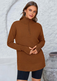 PRETTYGARDEN Womens Long Sleeve Quarter Zip Pullover Sweater Casual Loose V Neck Collared Ribbed Knit Jumper Tops Thumb Hole