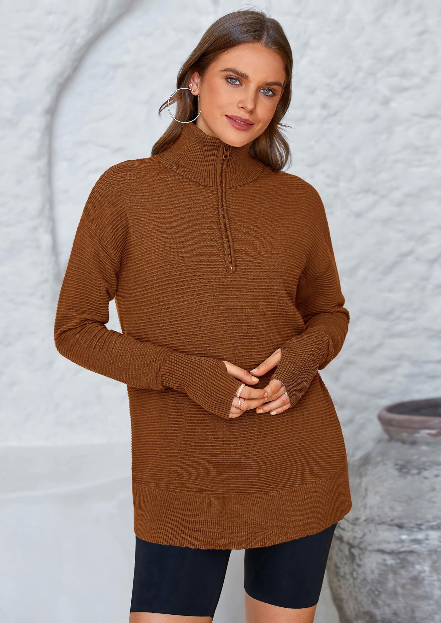 PRETTYGARDEN Womens Long Sleeve Quarter Zip Pullover Sweater Casual Loose V Neck Collared Ribbed Knit Jumper Tops Thumb Hole