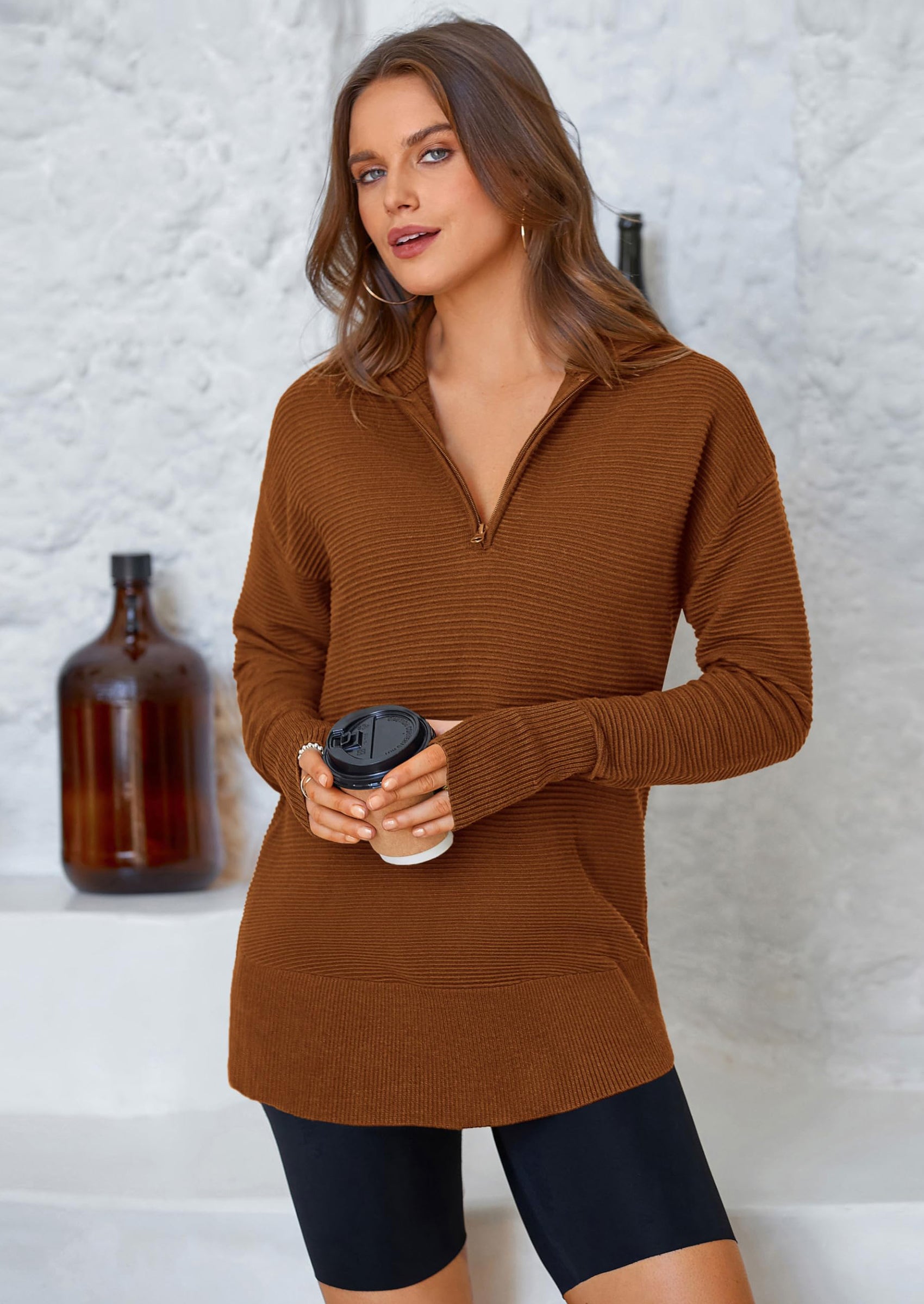 PRETTYGARDEN Womens Long Sleeve Quarter Zip Pullover Sweater Casual Loose V Neck Collared Ribbed Knit Jumper Tops Thumb Hole