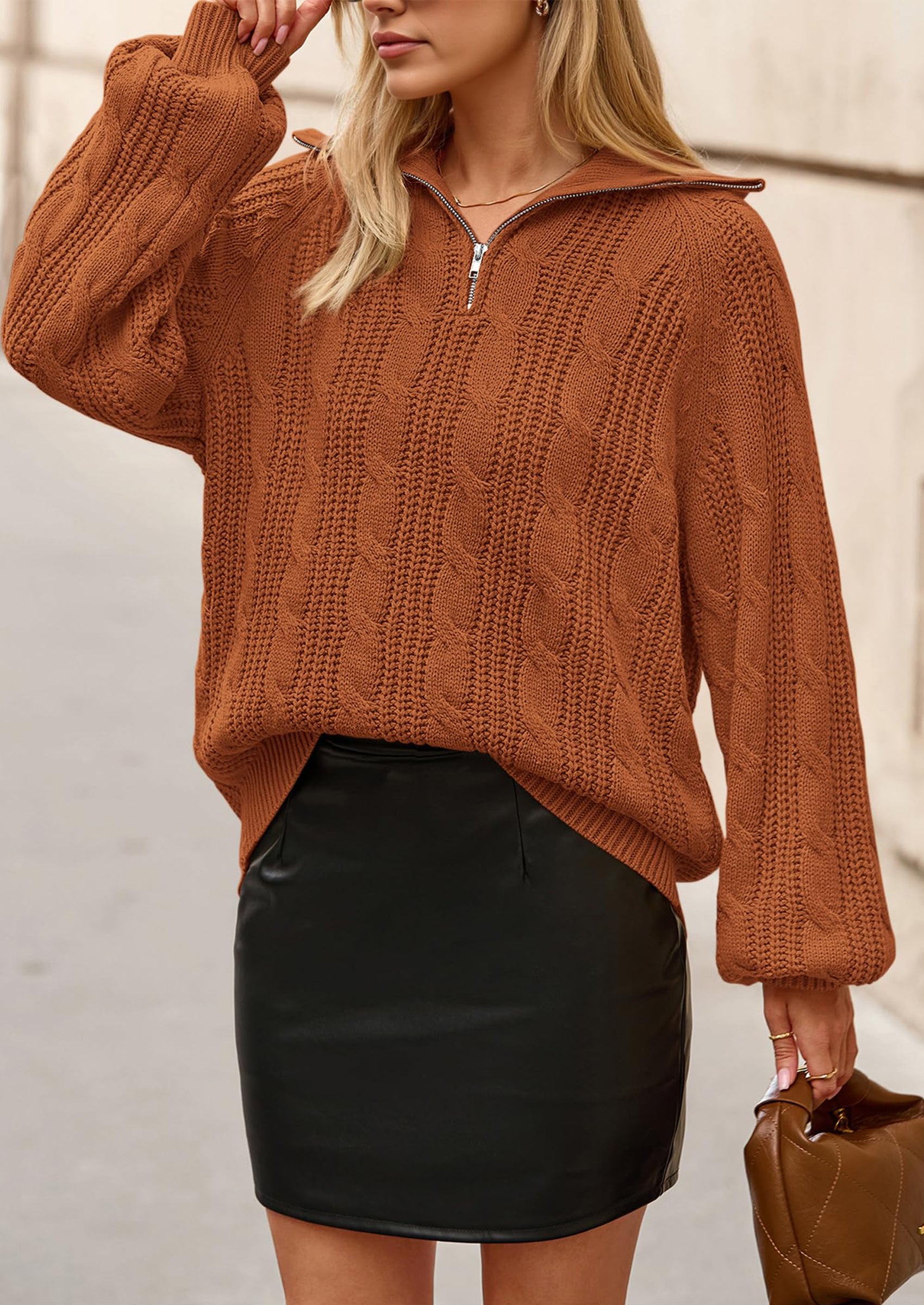 BTFBM Sweaters for Women Fall Fashion Loose Quarter Zip Pullover Collared Long Sleeve Cable Knit Winter Clothes