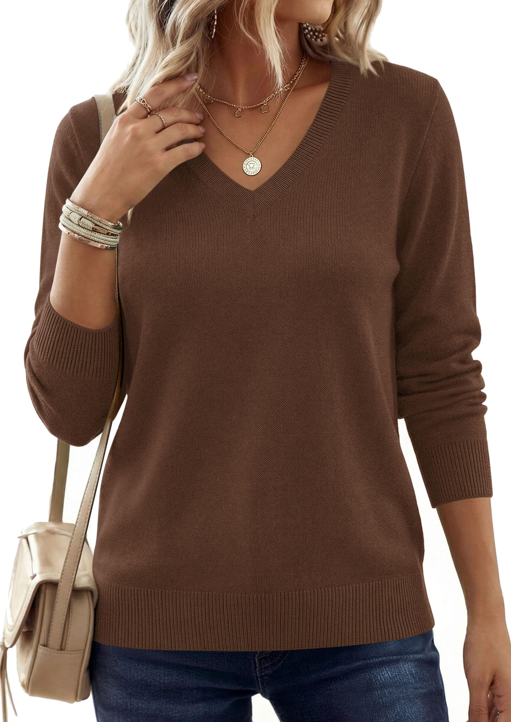 PRETTYGARDEN Women's V Neck Sweaters Fall Casual Long Sleeve Classic Pullover Cozy Knit Tops Loose Basic Winter Clothing PRETTYGARDEN