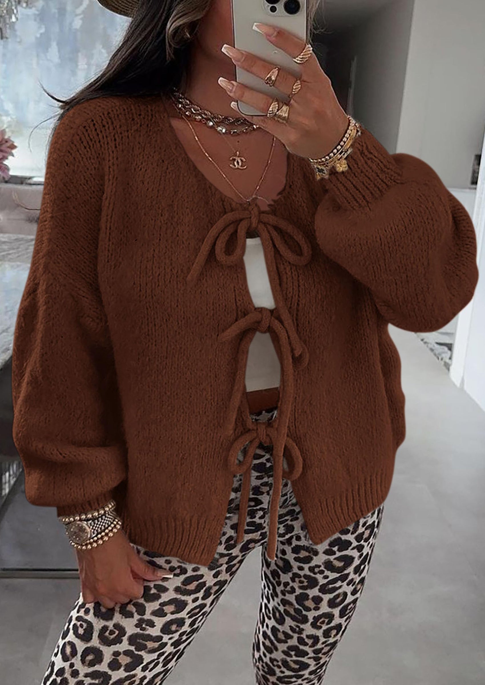 PRETTYGARDEN Women's Tie Front Bow Cardigan Sweaters Chunky Knit Long Puff Sleeve Trendy Fall Winter Jacket Coats