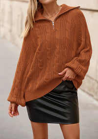 BTFBM Sweaters for Women Fall Fashion Loose Quarter Zip Pullover Collared Long Sleeve Cable Knit Winter Clothes