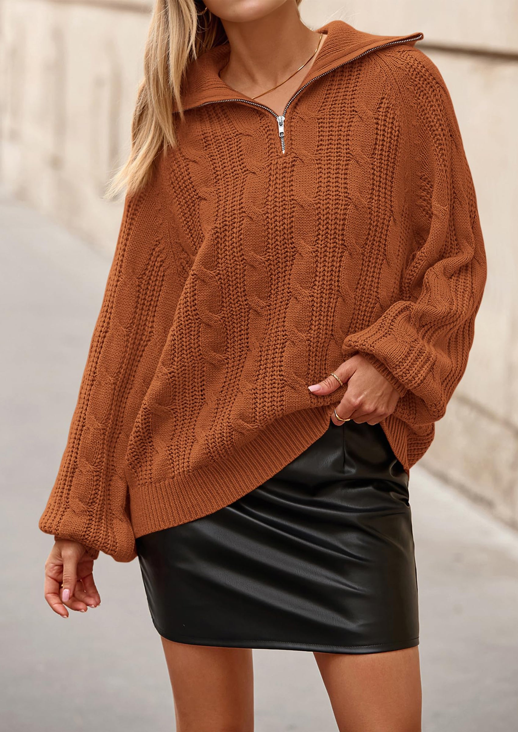 BTFBM Sweaters for Women Fall Fashion Loose Quarter Zip Pullover Collared Long Sleeve Cable Knit Winter Clothes