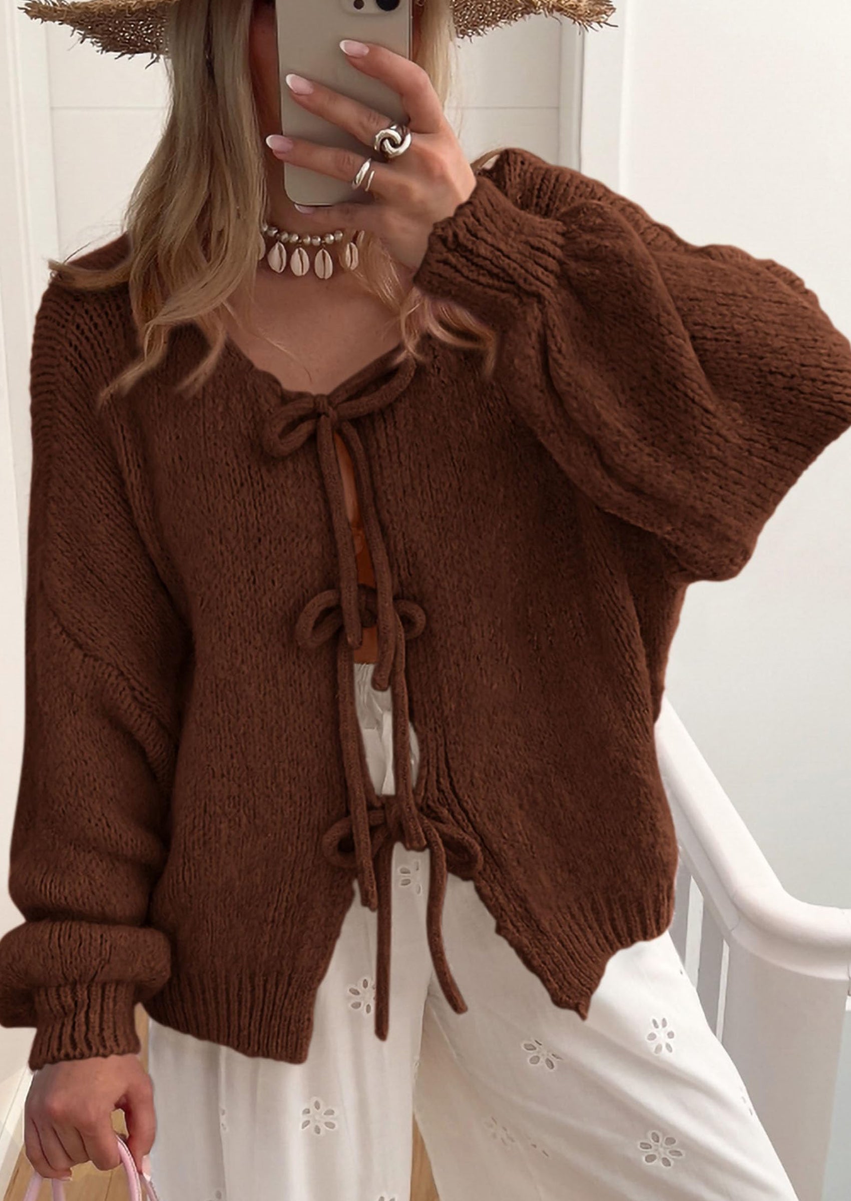 PRETTYGARDEN Women's Tie Front Bow Cardigan Sweaters Chunky Knit Long Puff Sleeve Trendy Fall Winter Jacket Coats