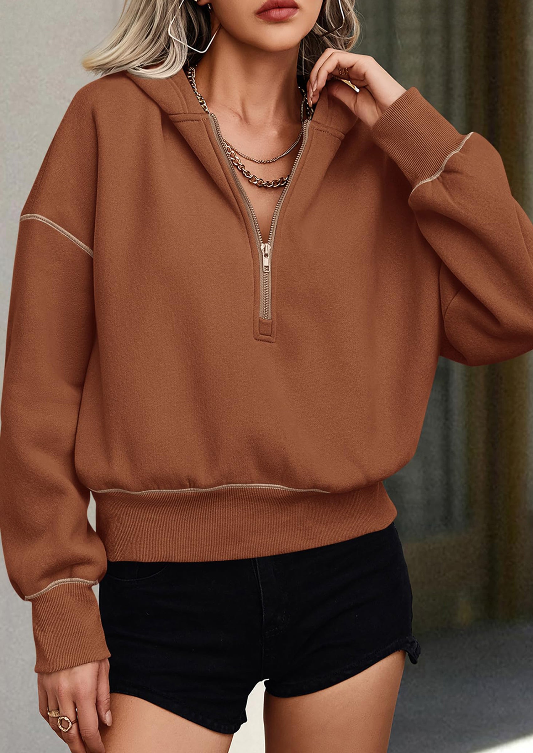 PRETTYGARDEN Women's Hooded Sweatshirts Long Sleeve Half Zip Cropped Hoodie Pullover Winter Fashion Clothes