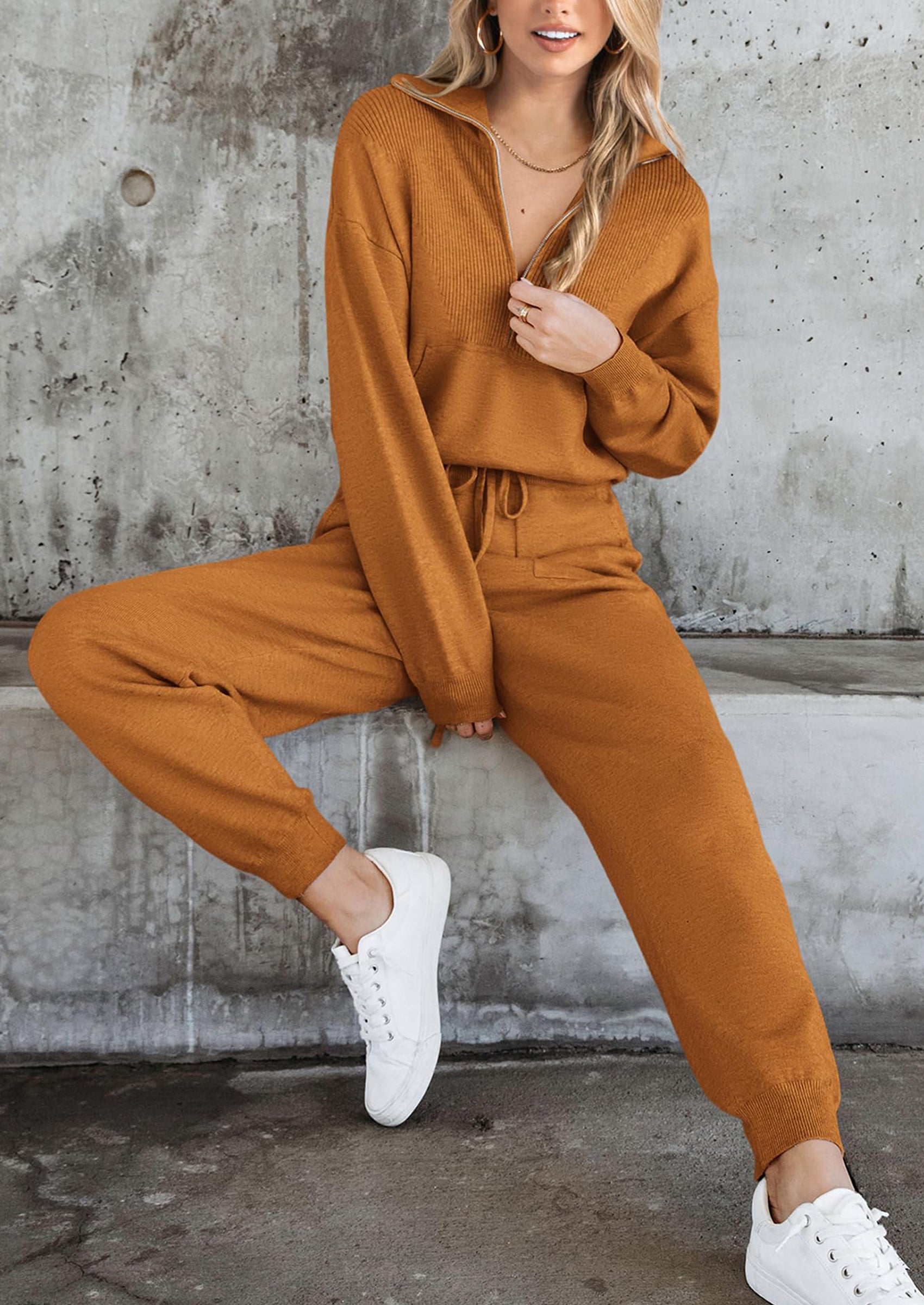 PRETTYGARDEN Women's 2 Piece Sweater Set Pullover Zip Up Sweatshirt Jogger Sweatpants Tracksuit Casual Outfit