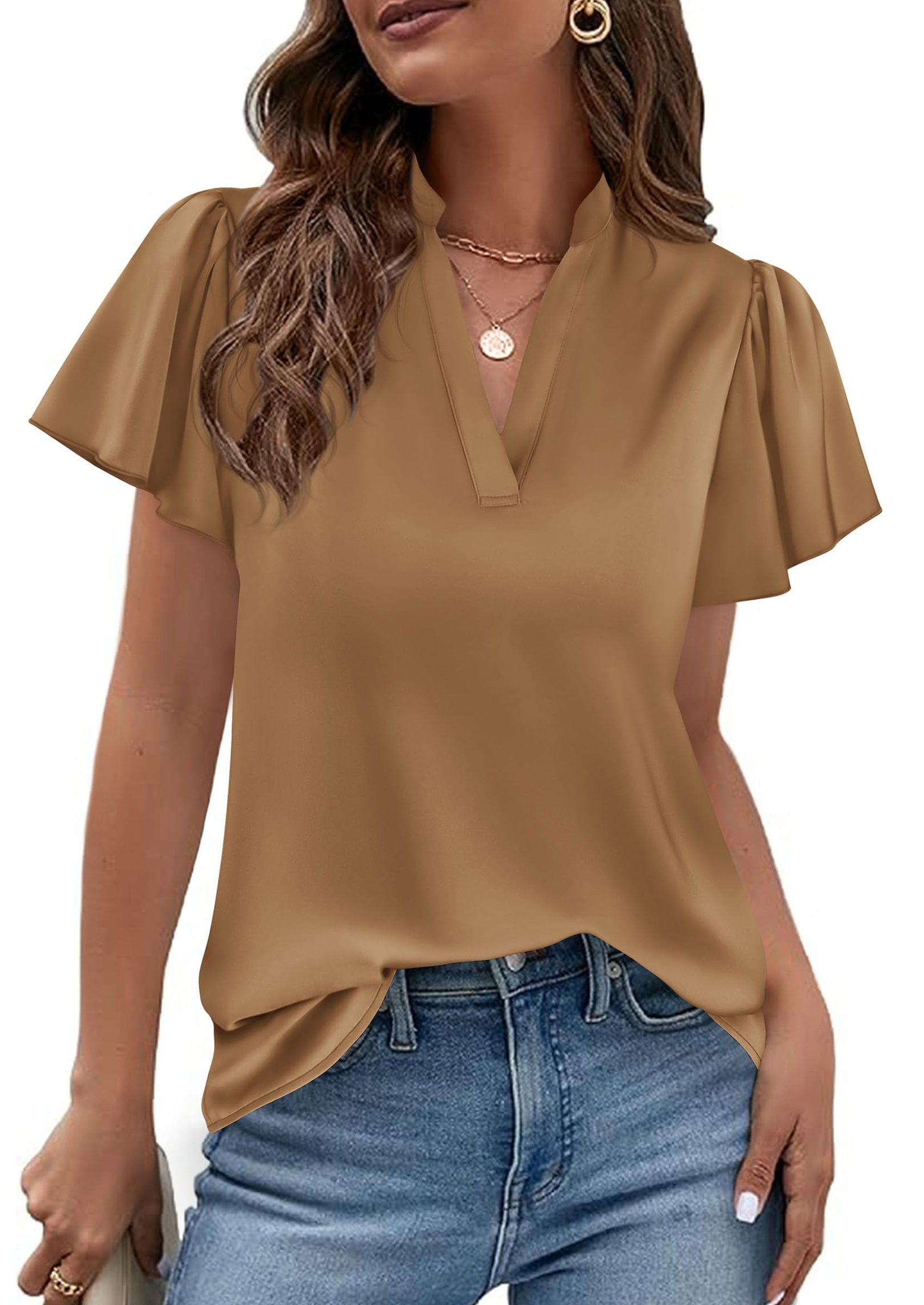 PRETTYGARDEN Women's Summer Blouses Dressy Casual Ruffle Cap Sleeve V Neck Business Work Trendy Cute Tops Spring Outfits PRETTYGARDEN